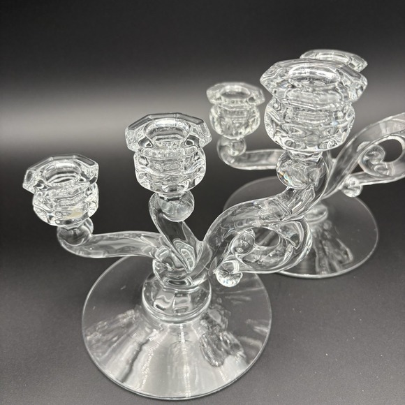 VNTG Heisey‎ Pair Of  Clear Glass 3 light candlesticks Candelabra